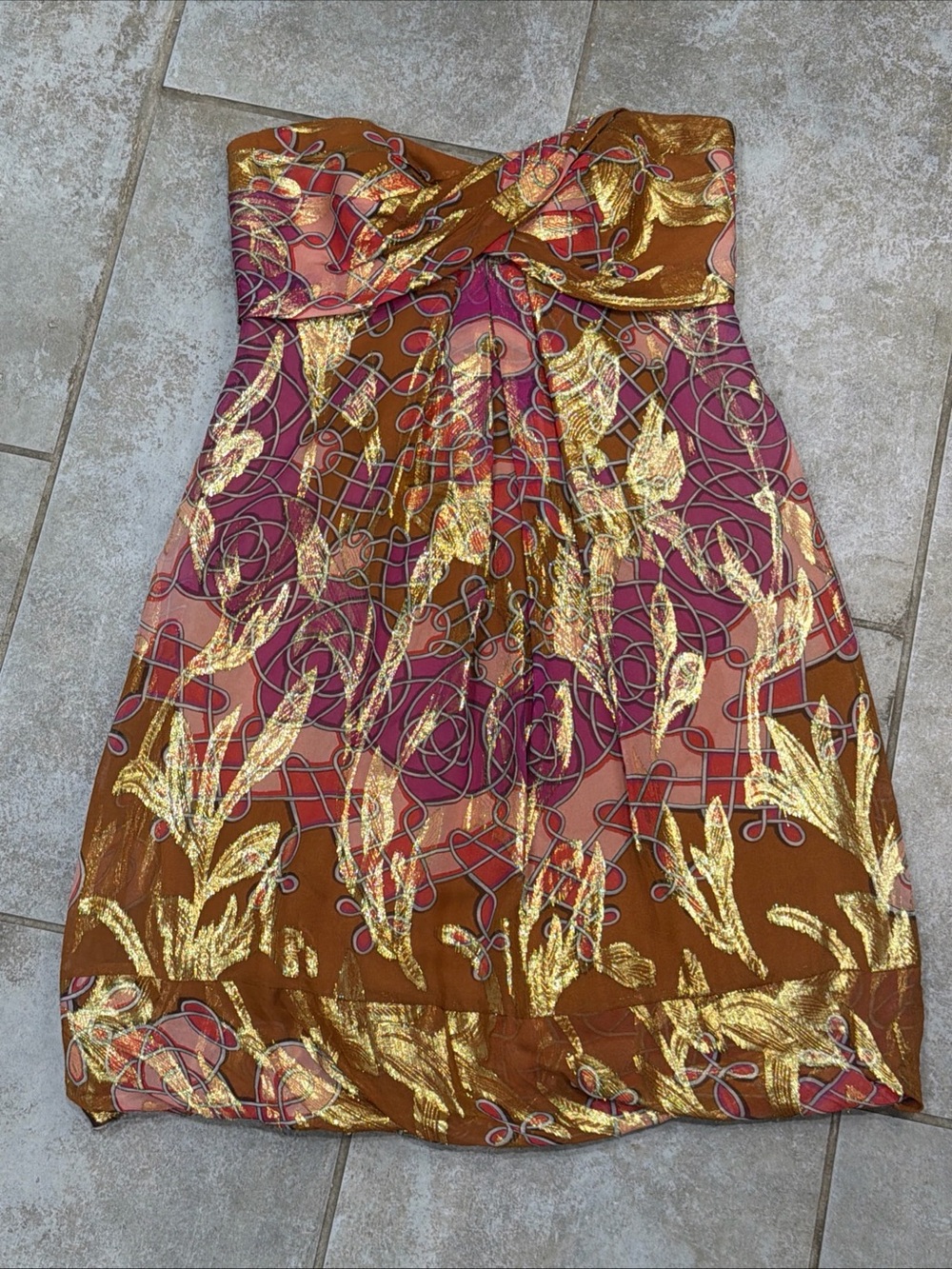 Y2K Nicole Miller Collection 85% Silk Strapless Dress Gold Accent Size 4